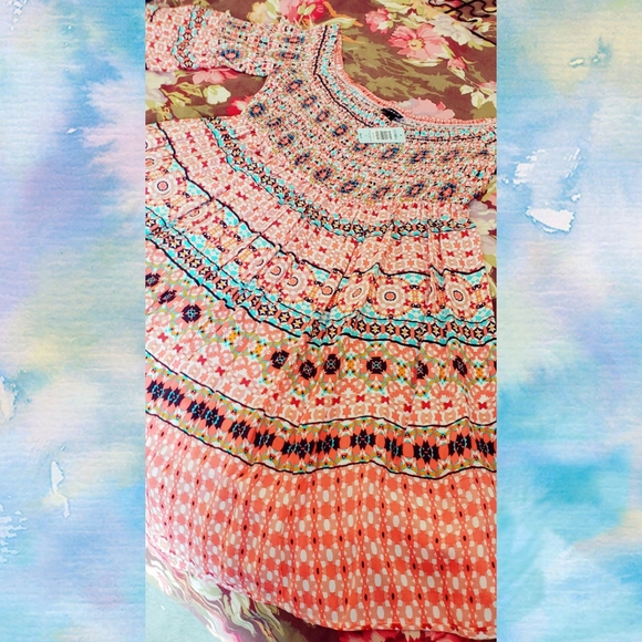 SOLD-Torrid Mosaic Smocked Bell Sleeve Dress - Picture 7 of 8